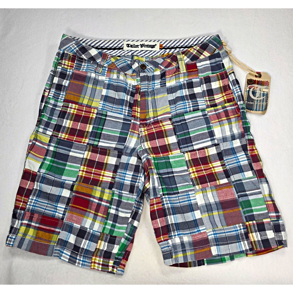 Tailor Vintage Men's Multicolor Plaid Quilted Cotton Chino Shorts Flat Front 36